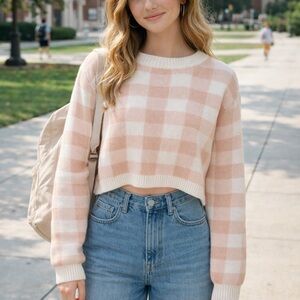 Papermoon Pink and White gingham Sweater Cozy Comfort cropped small